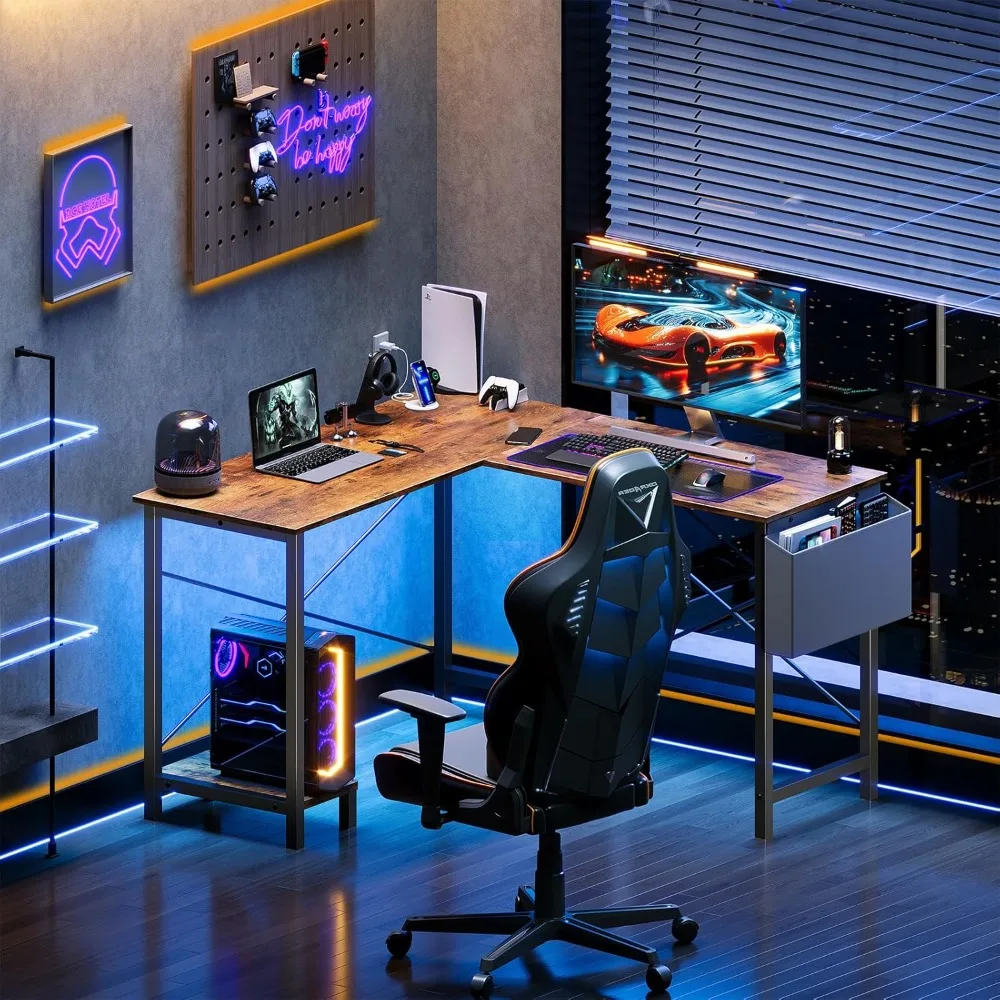 مكتب على شكل حرف L مقاس 50 بوصة للمكتب المنزلي والألعاب والدراسة مع رف تخزين جانبي