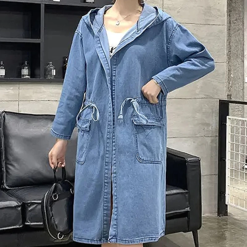 

Y2k Denim Windbreaker Coat Women Hooded Long Jacket Outerwear Single Breasted Drawstring Washed Streetwear Overcoat 2025 Autumn