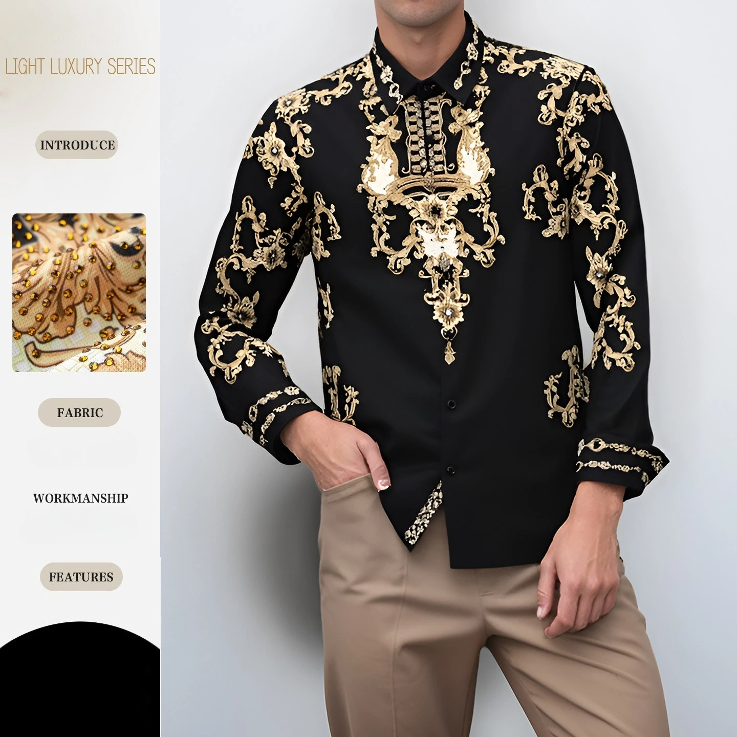 

Luxury Rhinestone Vintage Men's Shirt High Quality Long Sleeved Casual Business Shirt Banquet Party Dress Shirt Men Clothing 5XL