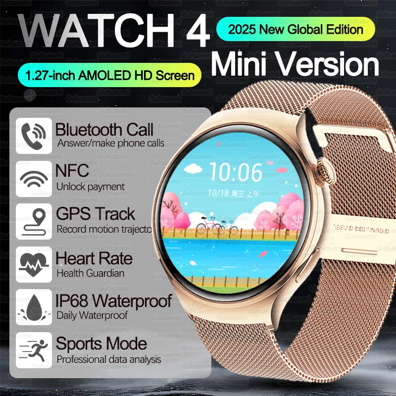 

2025 Новые часы Mini 4 Смарт-часы для женщин AMOLED NFC GPS Часы с пульсометром BT Вызов IP68 Водонепроницаемые женские умные часы + коробка