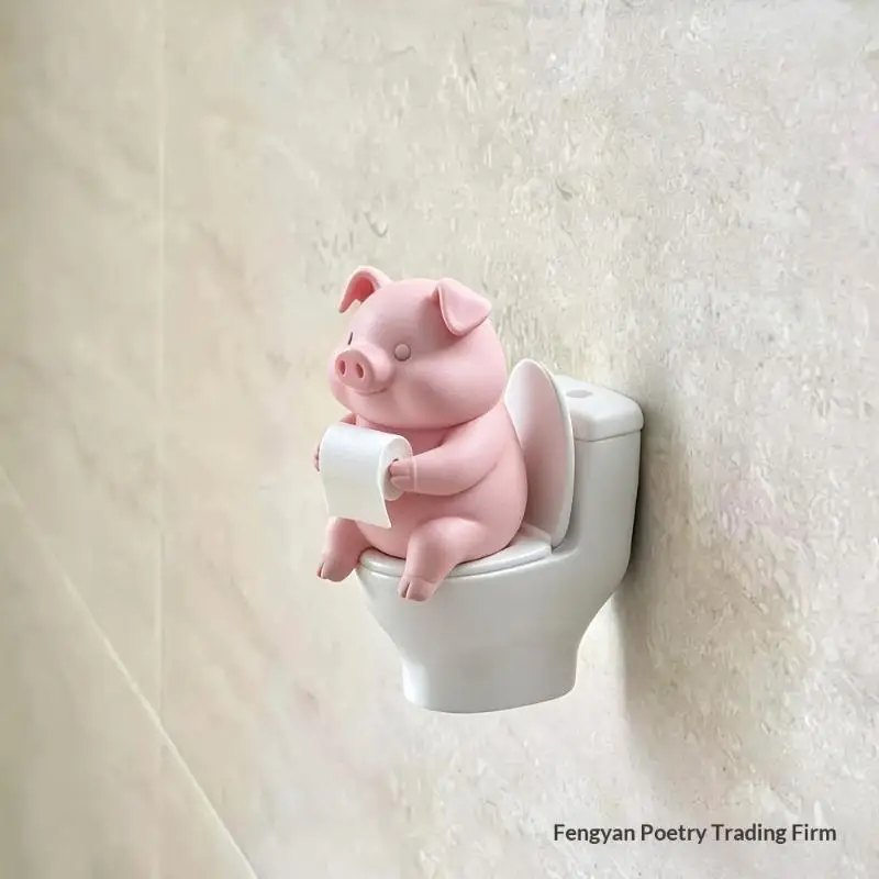 ●Cute Pig On Toilet Statue Bathroom Decor Wall Mounted Or Tabletop Piggy Figurine For Home Office Desk Shelf Father's Day Gift
