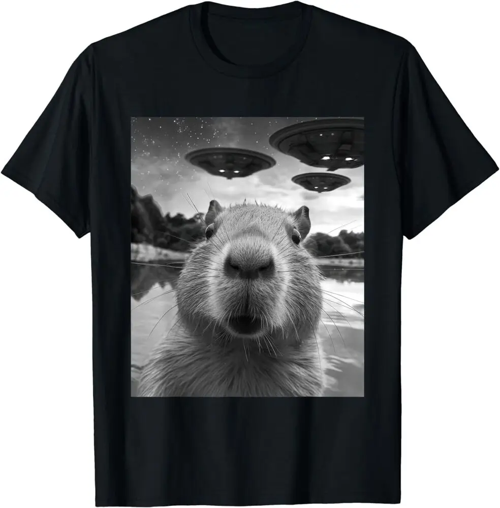 Funny Graphic Tee Capybara Selfie With UFO Weird Tee T-Shirt Anime Graphic T-shirts For Men Clothing Women Tees 100%Cotton