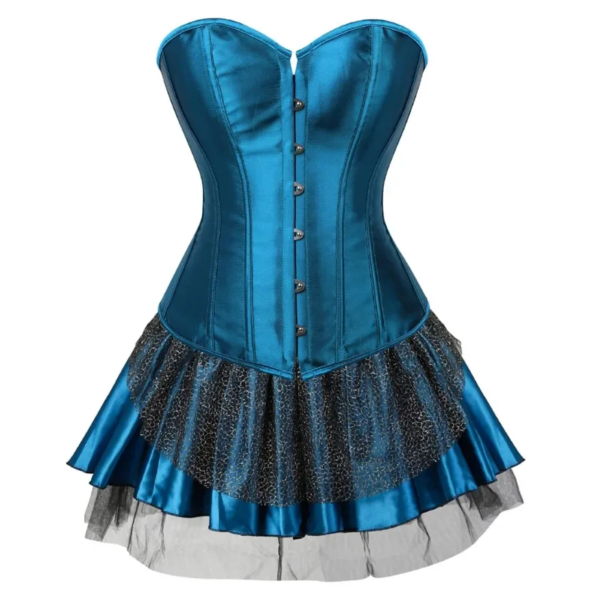 Vintage Satin Overbust Korsett-Top Minirock Damen Sexy Bustier Dessous Übergröße Pfauenblau Korsettkleid Cosplay Kostüme