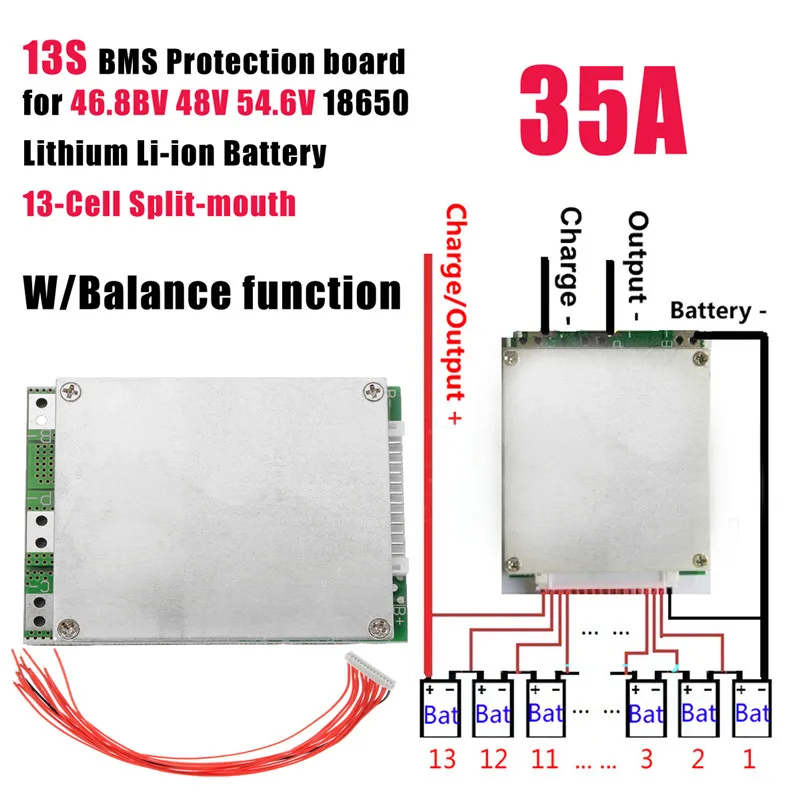 13S 48V 35A Small BMS Universal Ebike Lithium Battery Separate Port Battery Manager System Short Circuit Protection