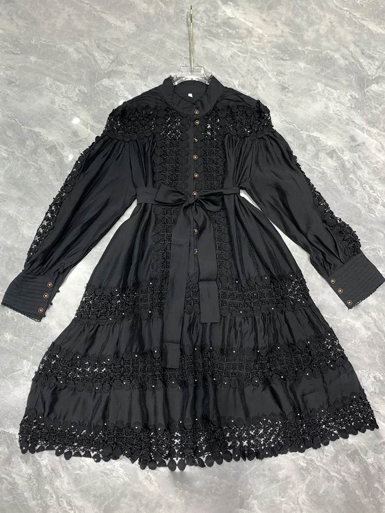 AELESEEN Designer Fashion Lace Dress Women Full Sleeve Solid White Black Green Hollow Out Ruffles Beading Single-breasted Mini