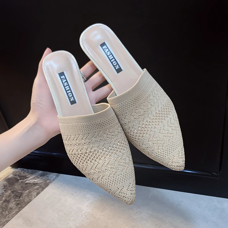 Knit Mesh Breathable High heels Mules slippers women New summer shoes women Pointed Toe Thin Heels Fashion Party ladies shoes