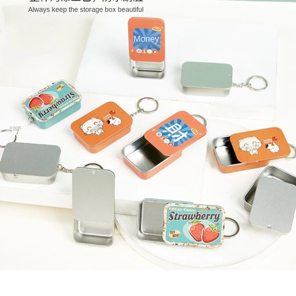 With Keyring Push-Pull Tin Box with Sliding Lids Multiple Styles Metal Box Multi-function DIY Storage Box School Supplies