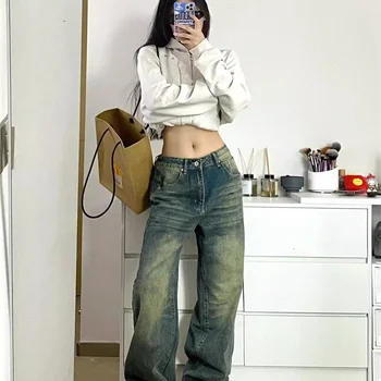 여성용 헐렁한 청바지, 아메리칸 하이 스트리트 와이드 레그, 노트 자수, 하이 웨이스트, 여성용 바지, 2023 가을, 겨울, 신상 