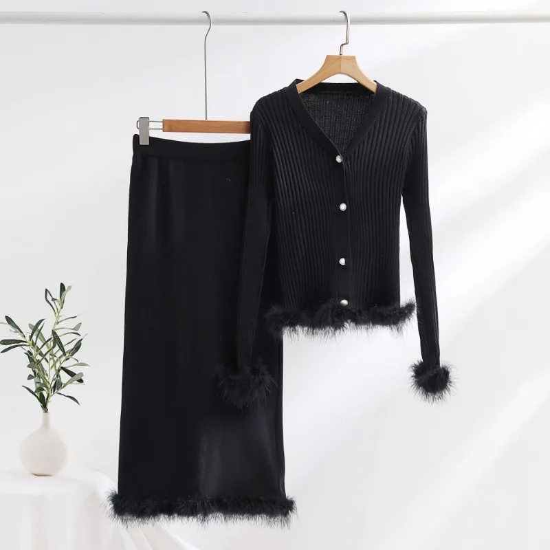 Spring New Ostrich Fur Knitted Skirt Suit Women Two-piece Fashion Banquet Cardigan with Skirts Lady Elegant Slim 2-piece Set