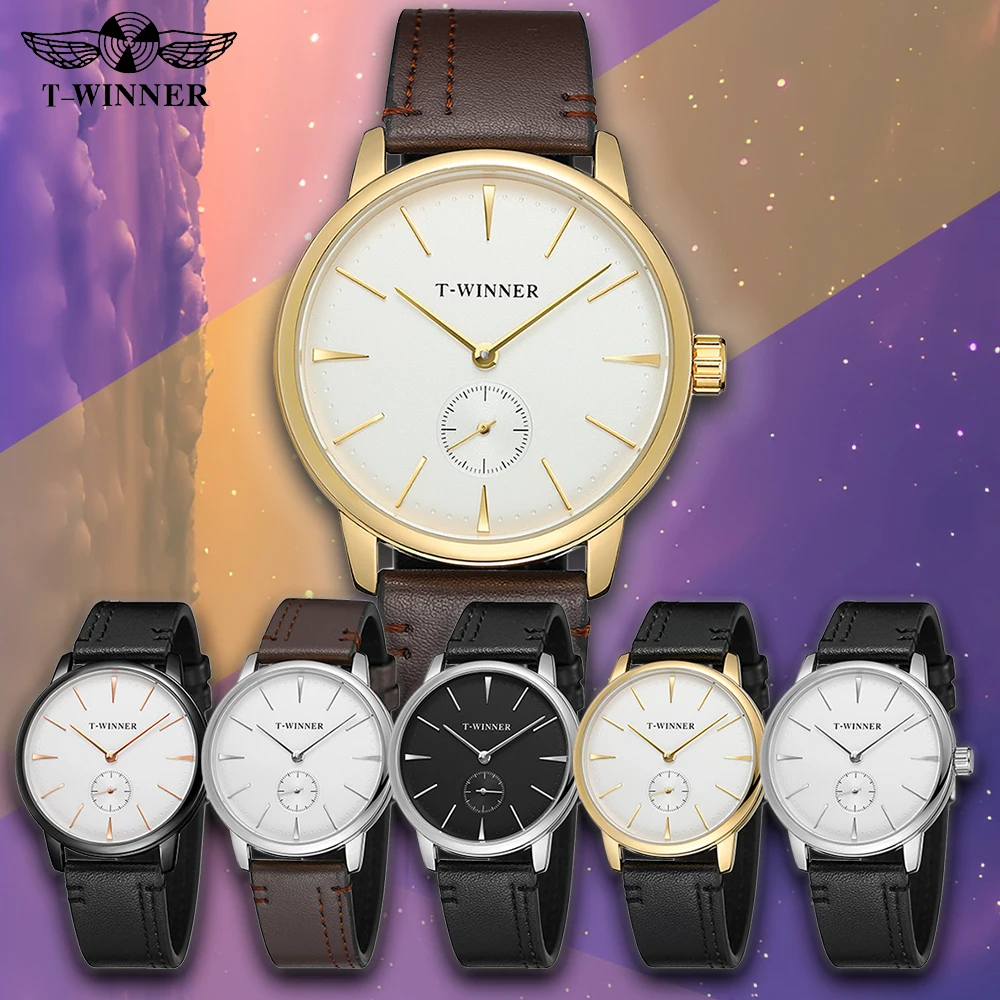 T-WINNER Men's Casual Mechanical Hand Wind Watch Leather Strap Fashion Simple Style 3ATM Waterproof Official Original Replica