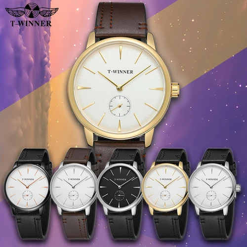 Imagen 1 del producto T-WINNER Reloj mecánico informal de cuerda a mano para hombre, correa de cuero, estilo Simple a la moda, resistente al agua hasta 3ATM, réplica Original oficial