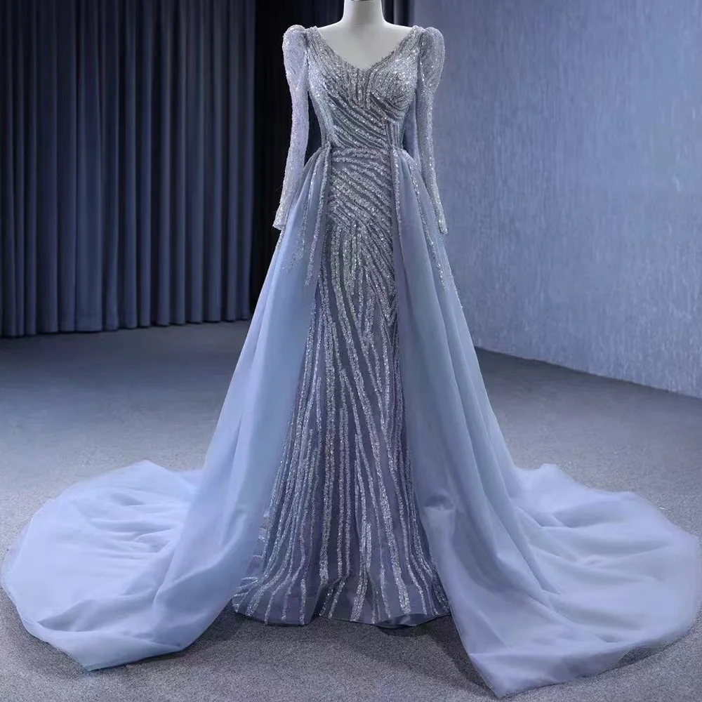 V-Neck Evening Dress Long Sleeves Lace-Up Back Sequined Sheath Fit Customizable With Detachable Train For Women