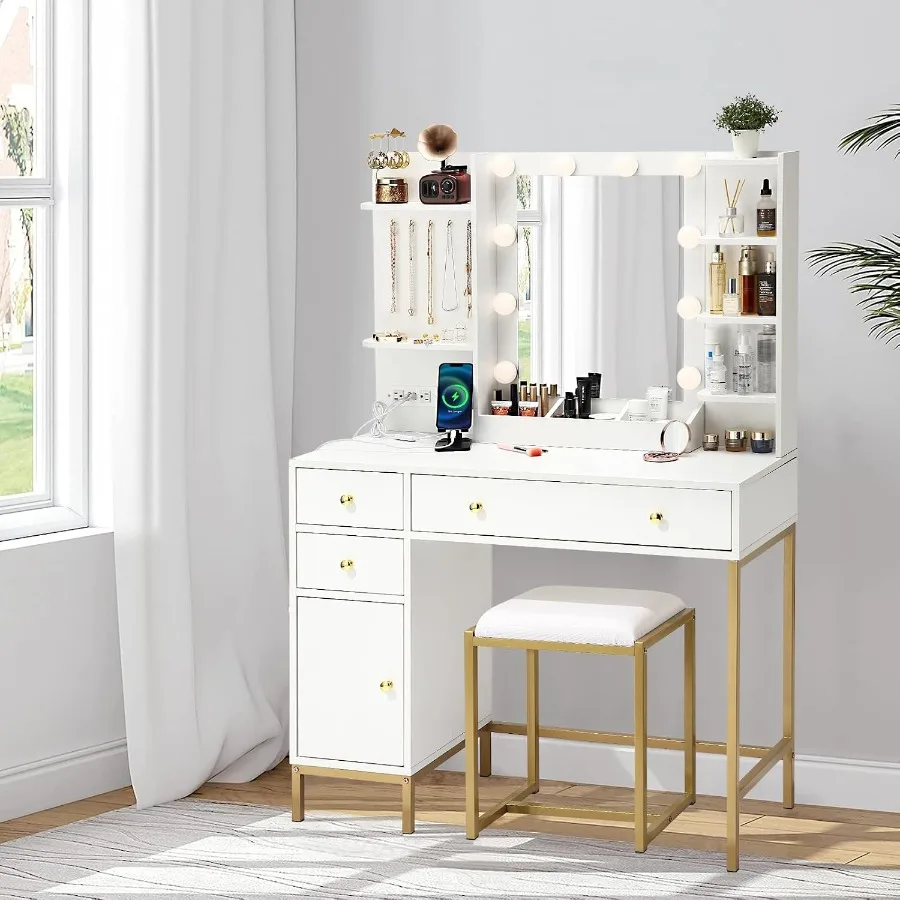 Vanity Desk Table with Mirror and Lights, Makeup Vanity Table Set with Power Outlet, Storage Drawers Chair, 39 Dressing Table w