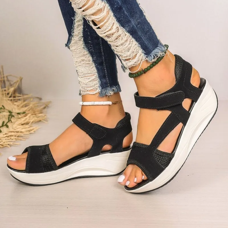 Sandals Women\'s Summer New Middle Heel Muffin Wedge Heel Fish Mouth Heel Women\'s Sandals Platform Black Hollow Sandalias Mujer