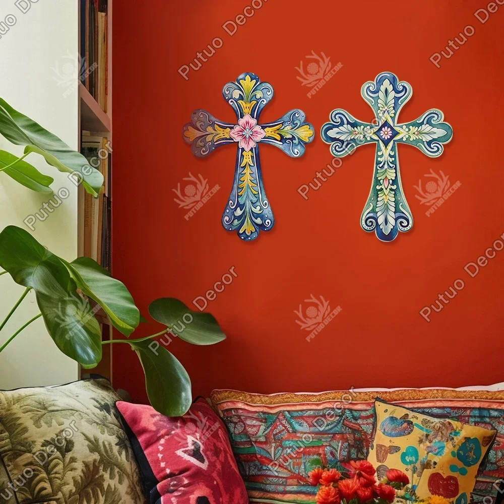 Putuo Decor-Day of the Dead Floral Wooden Cross Sign, Mexican Art Crucifix Wall Decor for Home, 15.7x12.4 Inches