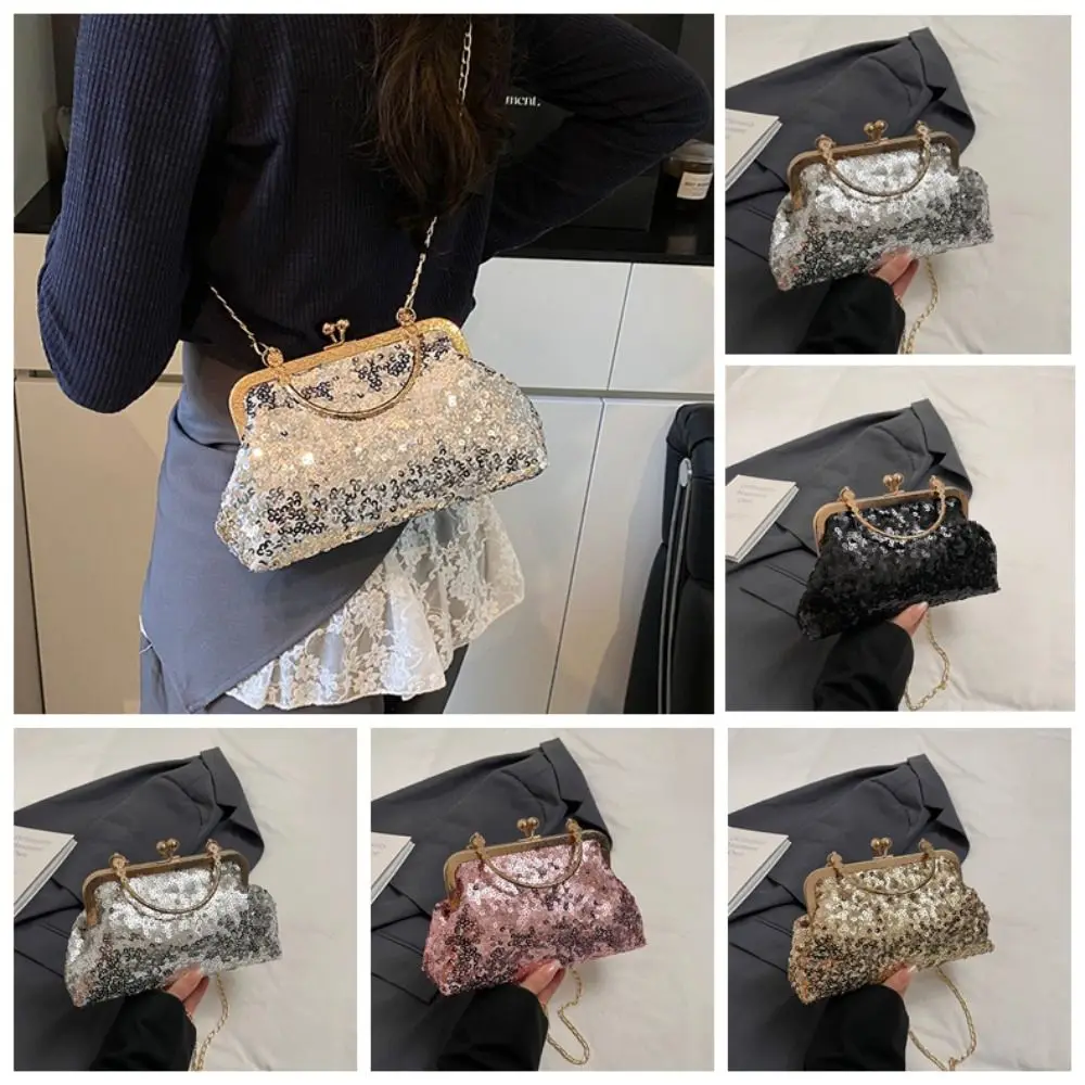

New Special Material Sequins Bags Retro Pearl Chain Handbag Evening Bags Women