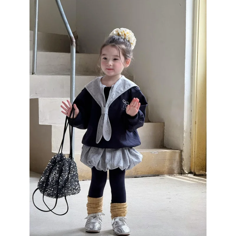 

Girls Suit25Autumn New College Style Shawl Collar Bow Sweatshirt for Women Fake Two-Piece Polka Dot Flower Bud Skirt Pants