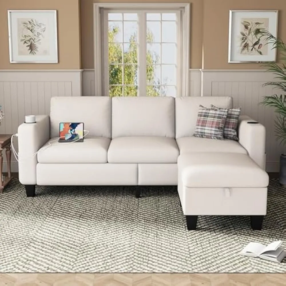 Convertible Sectional Sofa Couch, USB+Type C Ports and 2 Cup Holders & Movable Ottoman, 3-Seat L-Shaped Couch for Living Room