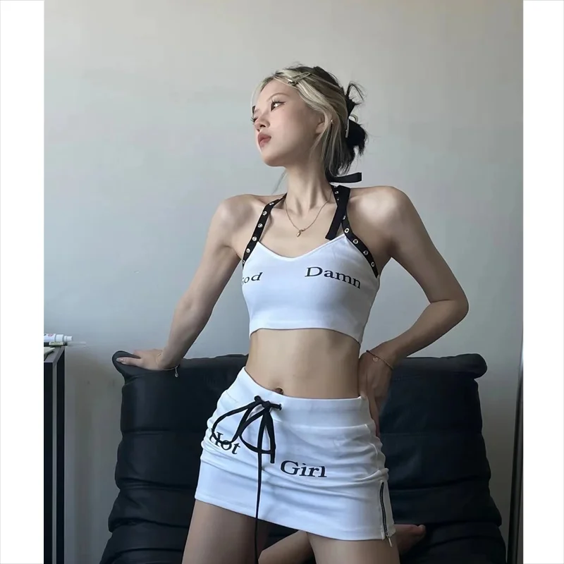 

American retro summer hot girl short neck hanging vest Y2K millennium style sexy strap wrapped skirt short two-piece set emo