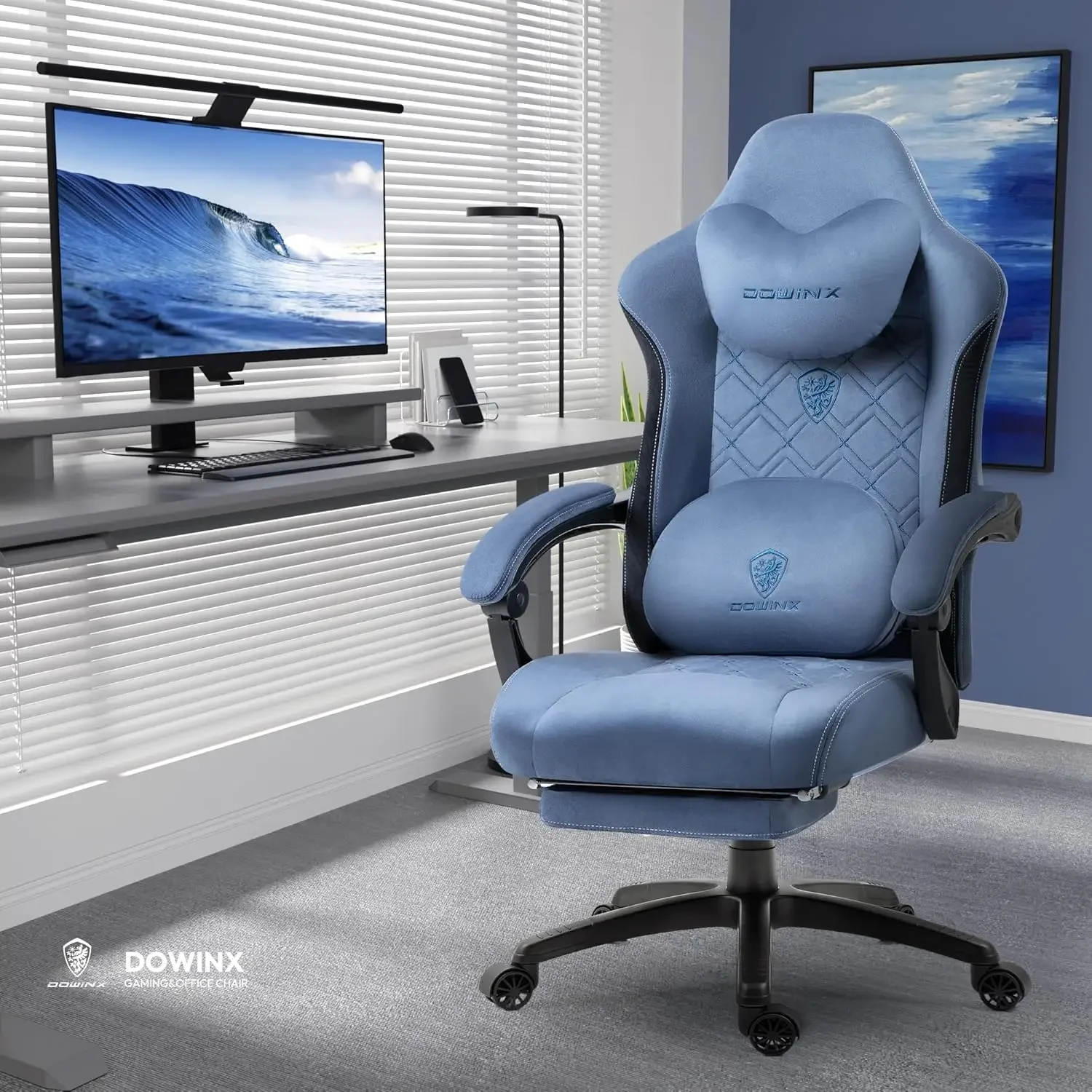 Dowinx Fabric Gaming Chair with Heated Massage Lumbar Support, Breathable Fabric Big and Tall Gaming Chair with Footrest and Poc