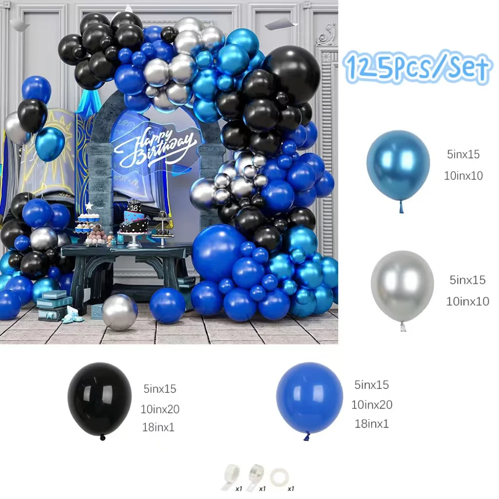 125PCS Blue Black Balloons Garland Arch Kit Blue Silver Metallic Balloons Birthday Party Baby Shower Graduation Party Decoration