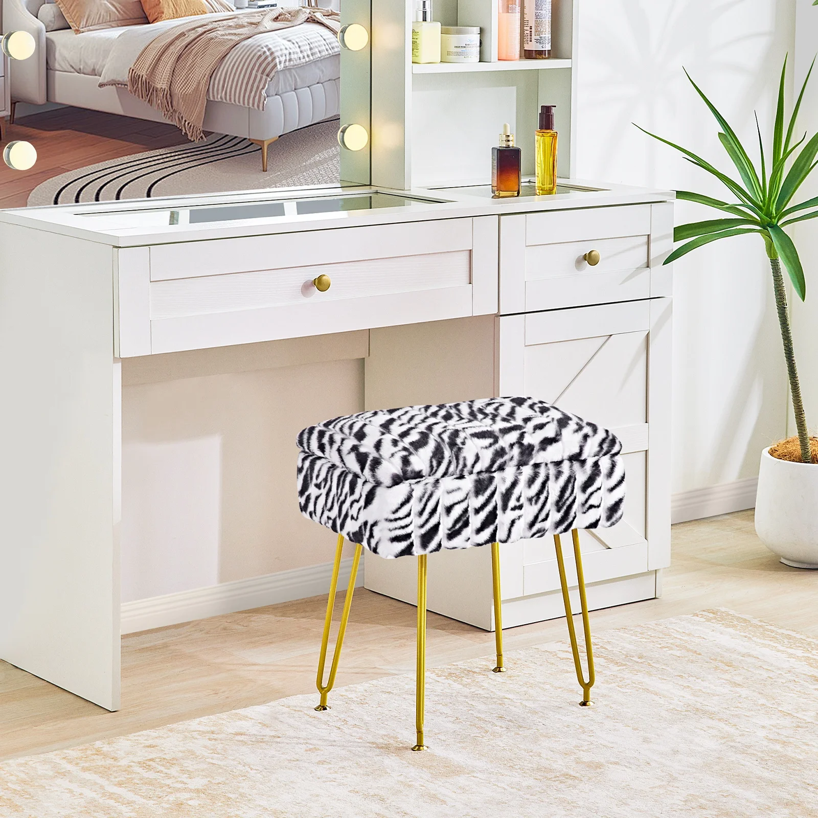 REDLIFE-Vanity Stool Chair with Storage, Faux Fur Makeup Ottoman,Modern Multifunctional Chairs w/  Anti-Slip Feet for Bedroom