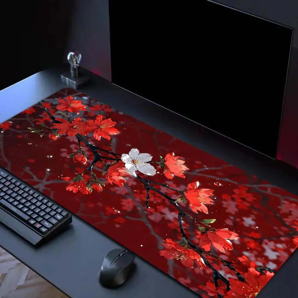 

Коврик для мыши на тему красных цветов, большой коврик для компьютерной офисной игры, настольный коврик XXL, резиновые противоскользящие коврики для клавиатуры с прошитыми краями, длинные настольные коврики