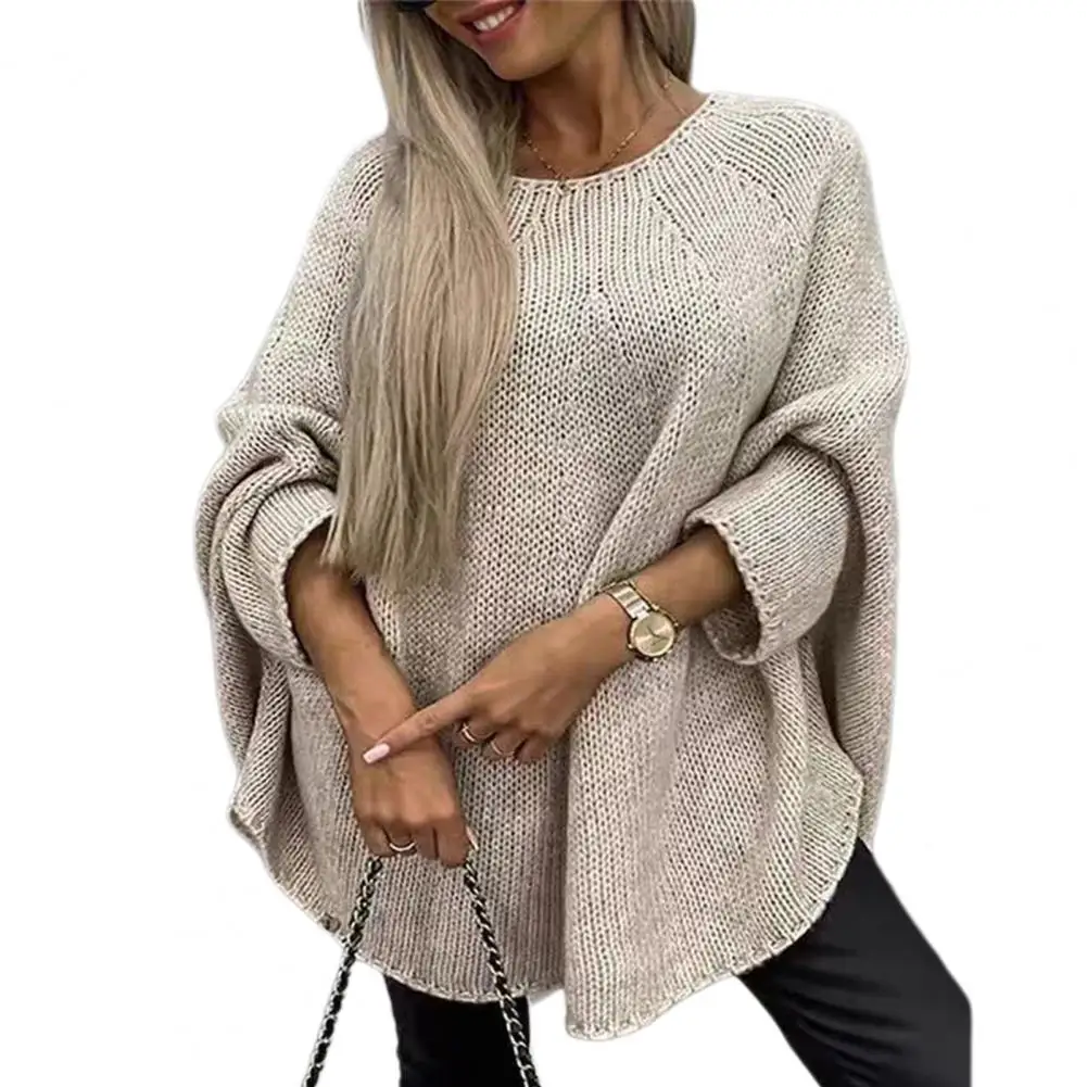 

Loose Hem Sweater Elegant O-neck Cloak Style Women's Sweater with 3/4 Sleeves Loose Fit Solid Color Pullover Top for Breathable