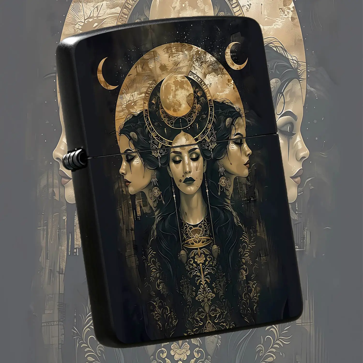 Triple Moon Hecate Themed Portable Lighter, Vintage Gilded Dark Art Stylish Decor, Exquisite Unique Aesthetic Accessory, Ideal For Daily Multi-Scene Use, Thoughtful Creative Gift For Art Lovers And Special Occasion Coll A Humorous And Inter