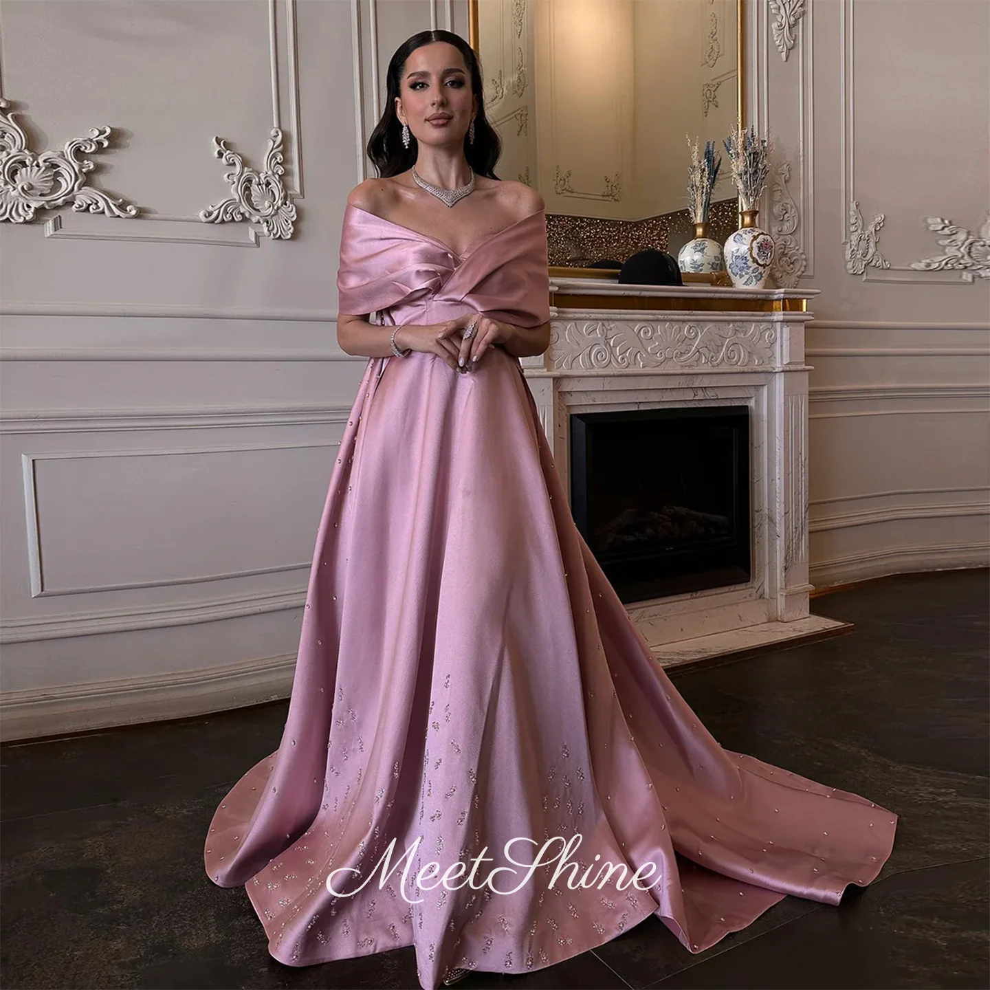 

Luxury Pink Off the Shoulder A-Line Satin Evening Dress Elegant Sweetheart Crystal Princess Formal Wedding Prom Dress Customized