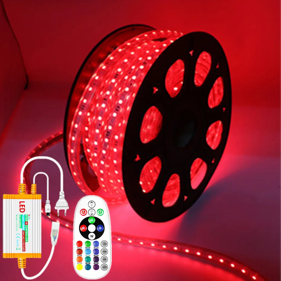 

Светодиодная лента 220В 5050 RGB, IP67, водонепроницаемая, 60 светодиодов/м, гибкая, с пультом ДУ, 1500Вт, вилка EU, для домашнего освещения