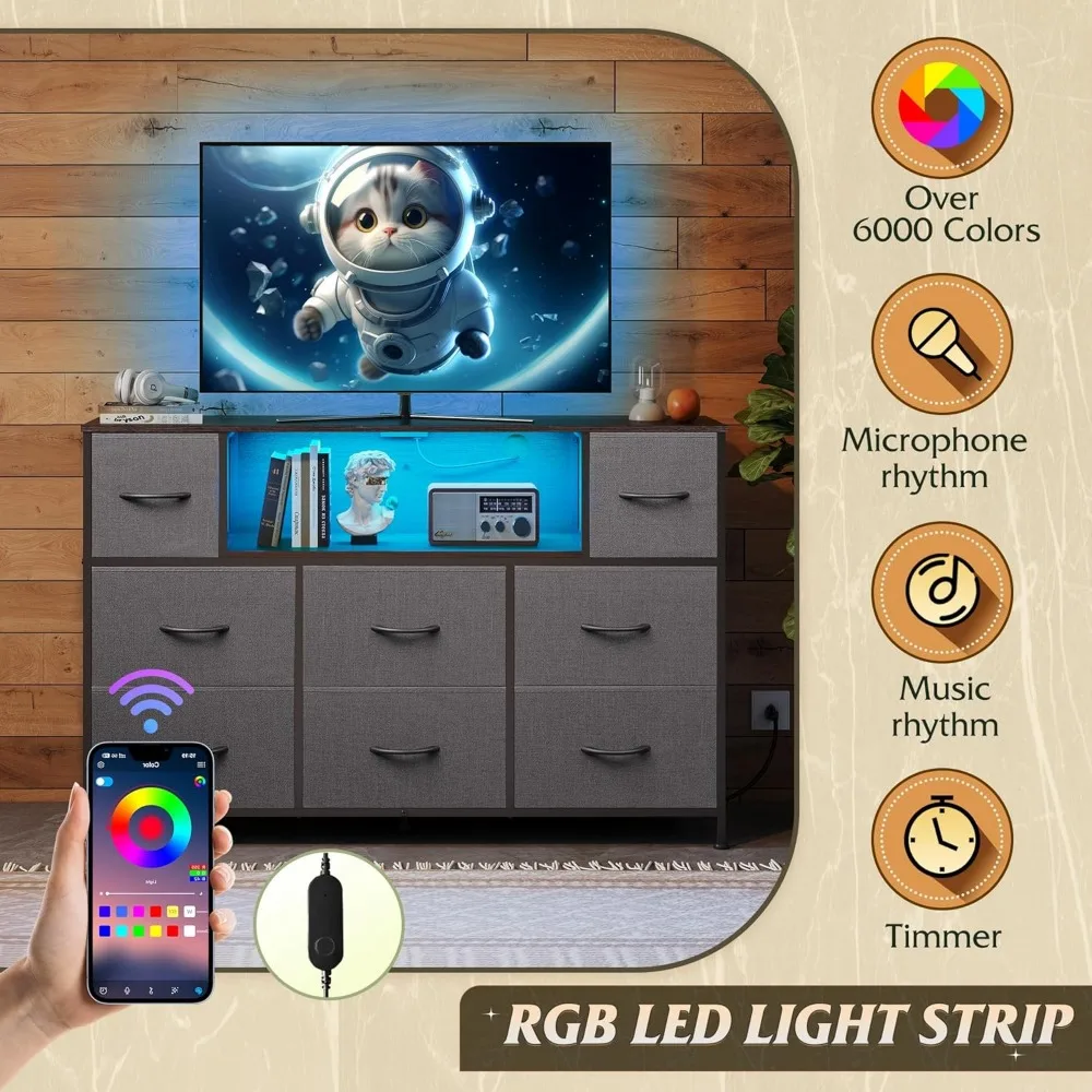 حامل تلفزيون لمركز الترفيه بإضاءة LED لأجهزة التلفاز مقاس 45-55 بوصة مع محطة شحن وطاولة وحدة تحكم الوسائط