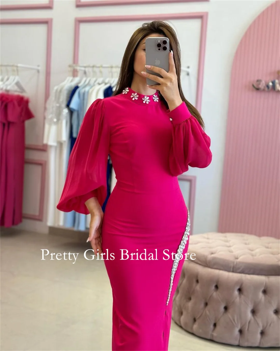 OEING Arabic Style Vintage High Neck Crepe Satin Evening Dresses Puff Sleeves Red Formal Prom Growns Party Women Bride