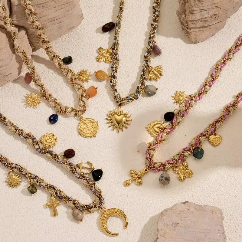 Multi element hand woven DIY necklace, cross, heart shape, stars and moon, vortex, leaves, starfish shells, charming jewelry