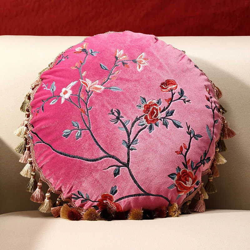 Chinese Retro Style Rotundity Pillowcase Embroidery Tassel Pillows For Sofa Headrest Cushion Pillow Cover Living Room Decoration