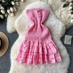 Summer Holiday Cotton Sexy Embroidery Dresses Women Beach Hollow Out Strapless Backless Stretch Layer Ruffles Cake Mini Vestidos