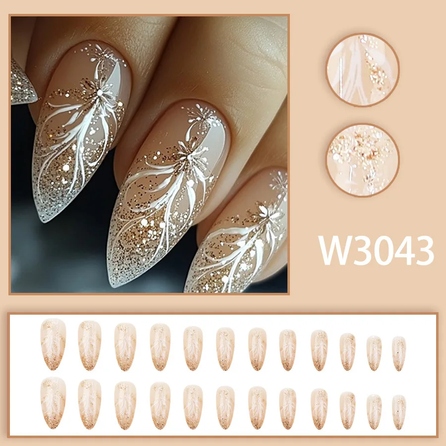 24 Pcs Self-adhesive Press on Nails Gold Sparkle Glitter Sequins Sweet Fake Nails Cheap korean Nail Tips Aesthetic Glued Nails