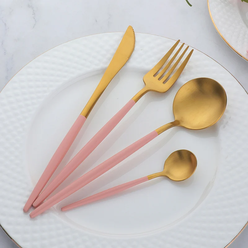 

24PCS Luxury Korean Dinnerware Set Pink Gold Cutlery Set Stainless Steel Frost Knives Forks Set Tablespoons Wedding Tableware