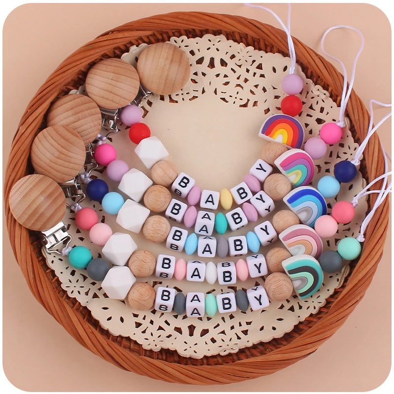 INS Baby Pacifier Clip Chain Personalized Name Dummy Nipple Holder Clips Silicone Rainbow Safe Teether Accessories Teething Toys