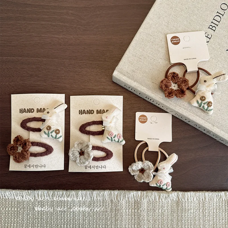 Hair Clips Hair Ties Handmade Fabric Bunny Wool Flower Milk Coffee Korean Forest Vintage Side Bangs BB Barrettes Non Slip Grip