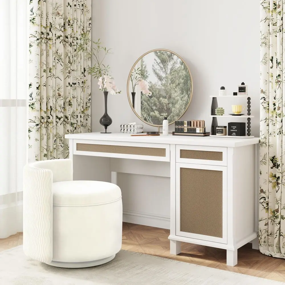

360 Swivel Accent Chair with Storage, Vanity Stool with Back, Velvet Storage Ottoman, Upholstered Round Barrel Vanity Chair for