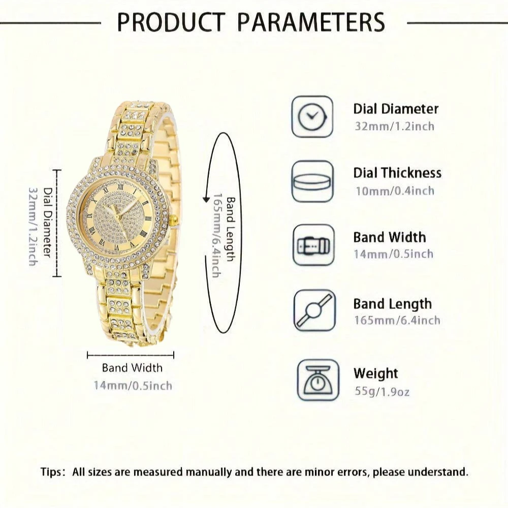 6 قطعة ساعة كوارتز نسائية فاخرة من حجر الراين مع سوار من حجر الراين وقلادة وخاتم وأقراط مجموعة مجوهرات عصرية للارتداء اليومي