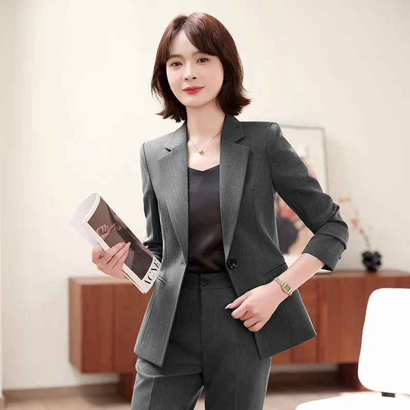 

Профессиональный костюм, комплект брюк, серый цвет хаки, комплект из двух предметов, элегантный 4 ювелирных изделий, магазин золотых изделий, офисная рабочая одежда для сотрудников