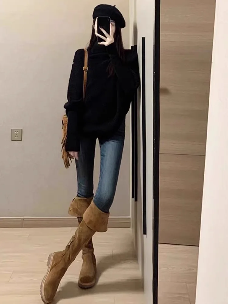 

High Collar Asymmetrical Knitted Sweater Women's Autumn Winter Loose Aosphere Sense Faionable Knit Cowl Ne Top