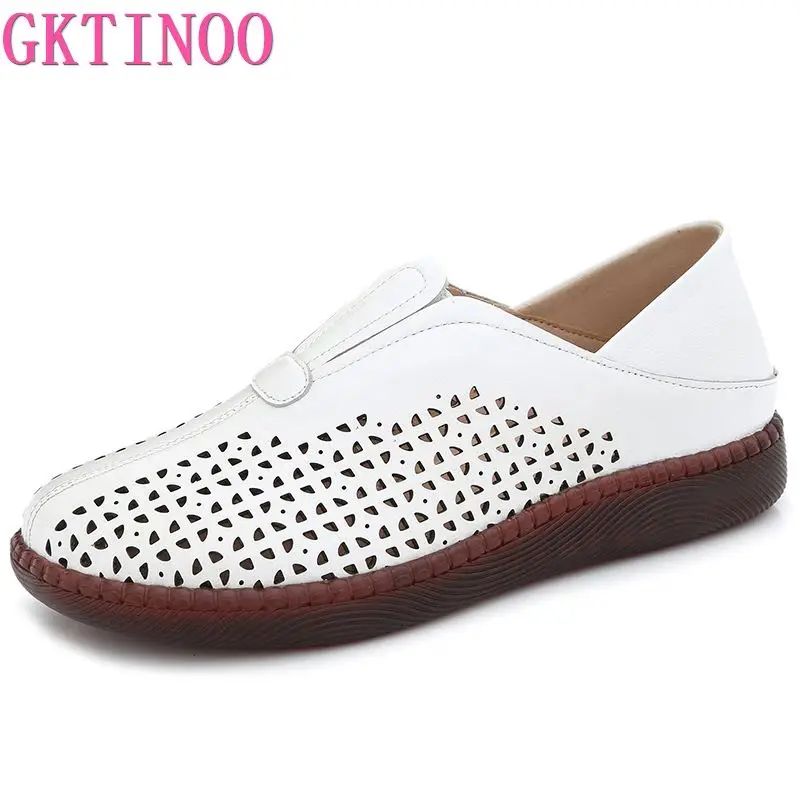 GKTINOO 2024 New Spring Summer Genuine Leather Shoes Flat Hollow Breathable Sandals Casual Shoes Woman Flats Large Size