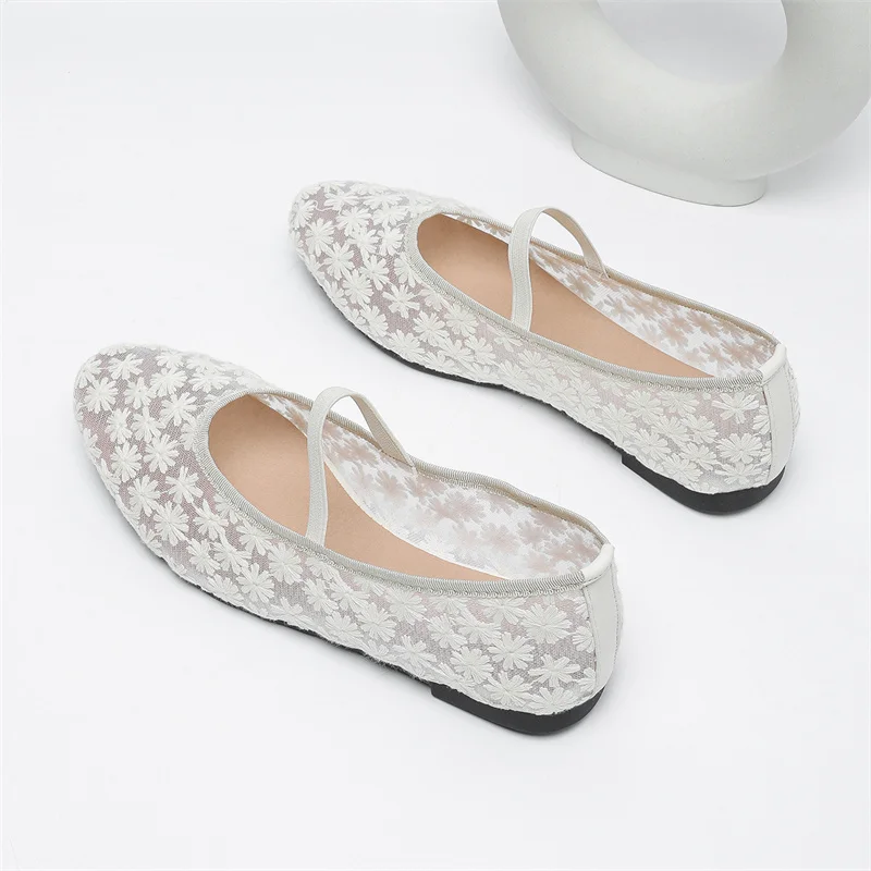 IPPEUM Malha Ballet Flats Mulheres Dedo Do Pé Redondo Branco Plus Size 43 Bailarinas Zapatos Mujer