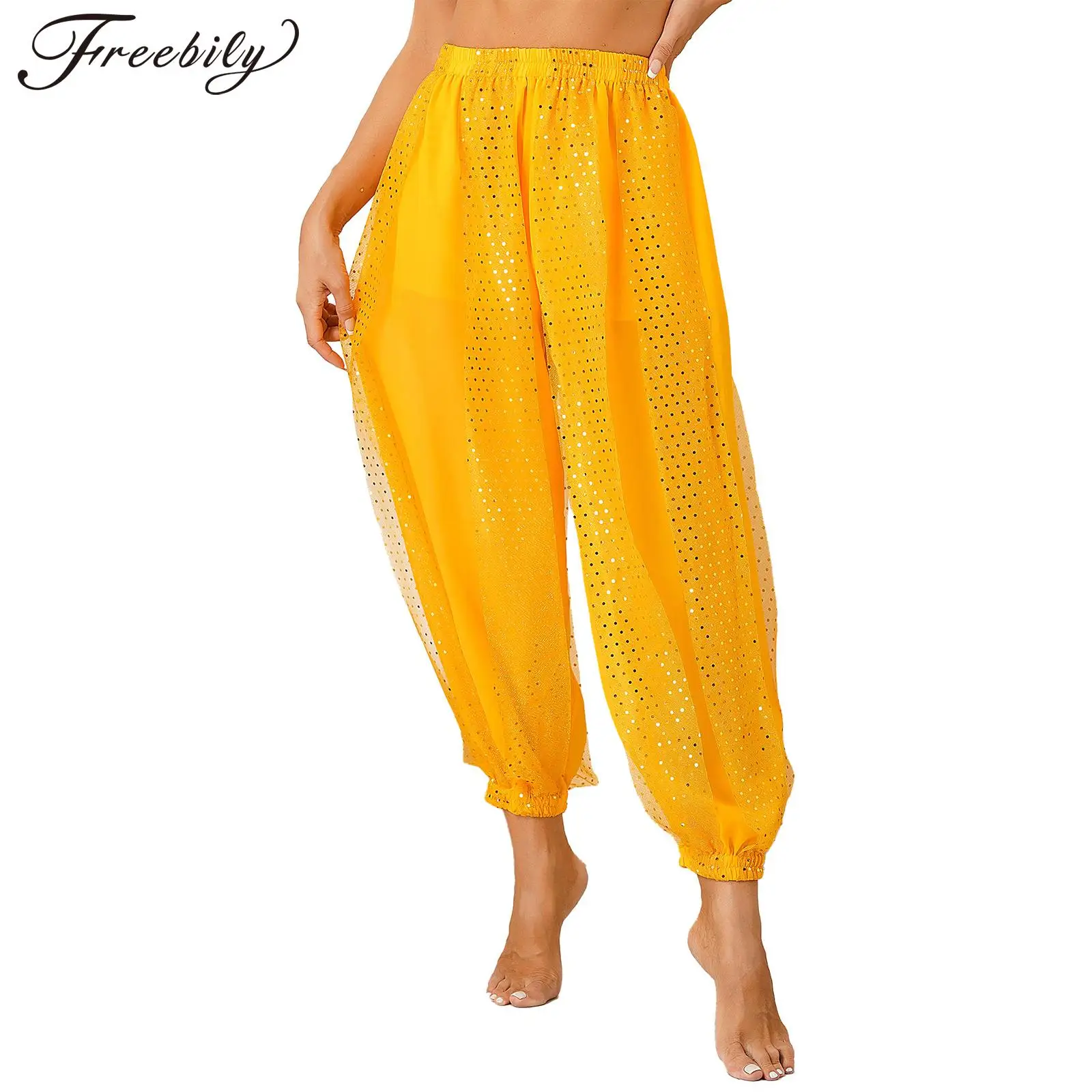 

Женские шаровары для танца живота, блестящие шифоновые брюки в горошек с блестками и фонариками в арабском стиле на Хэллоуин