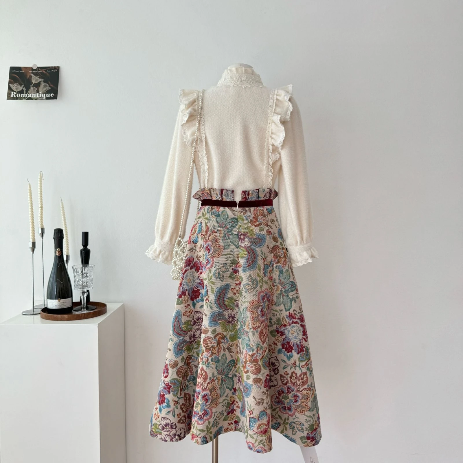 الخريف الفرنسية خمر البوهيمي 2 قطعة مجموعة النساء على شكل قلب أزرار تكدرت قميص الجاكار اللون كتلة تنورة طويلة مجموعة عادية