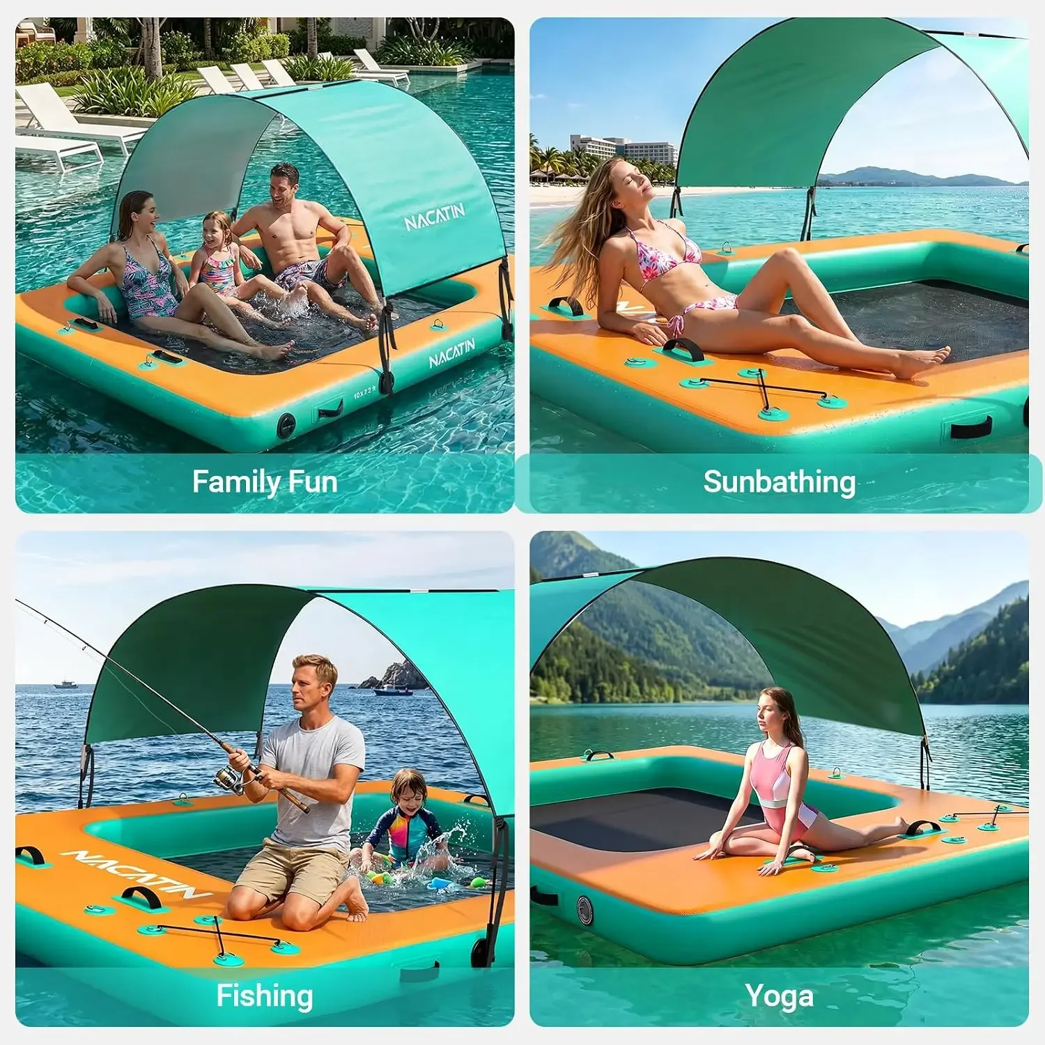 USA Stock Inflatable Floating Dock, 10x7.2FT/6x5FT Portable Platform, Fits 2-8 People, Mesh Swim Area, Sunshade, Air Pump, Repai