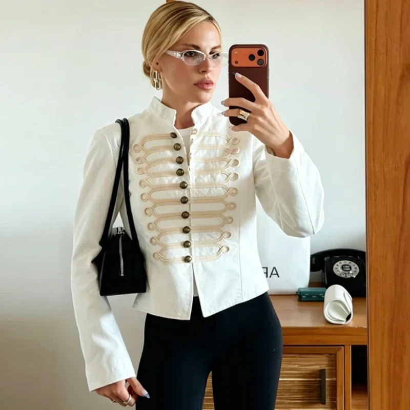 HXAO Kurze weiße Jacke für Damen, taillierte Demi-Season-Bomberjacke, Froschknopf, langärmlig, Oberteile, Oberbekleidung, kurzer Militärmantel – Detail 6